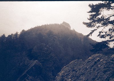 Misty mountain peak with dense coniferous forest and a lone stone structure atop, partially shrouded in low-hanging clouds. T...