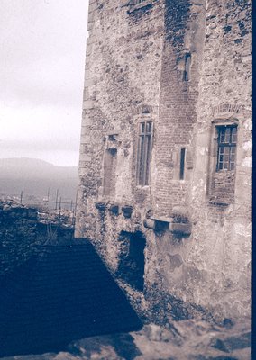 Medieval stone tower with weathered brickwork, narrow windows, and a fortified base. Overgrown vegetation clings to the lower...