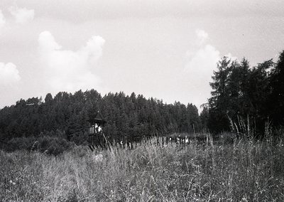 Black-and-white rural scene featuring a small wooden pavilion surrounded by dense forest and tall grass. Likely mid-20th cent...