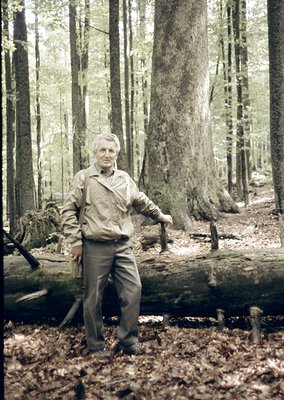 Vintage black-and-white portrait of an elderly man standing on a fallen tree trunk in a dense forest, surrounded by towering ...