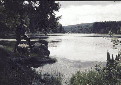 A lone figure sits on a rock by a serene lake, surrounded by dense forest. Mid-20th century outdoor photography captures the ...