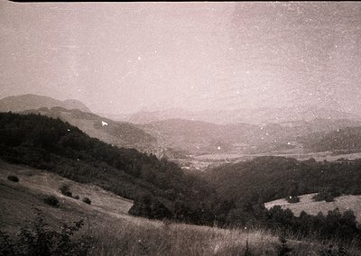 Vintage black-and-white landscape showing rolling hills, dense forests, and a distant valley town. The grainy texture and sep...