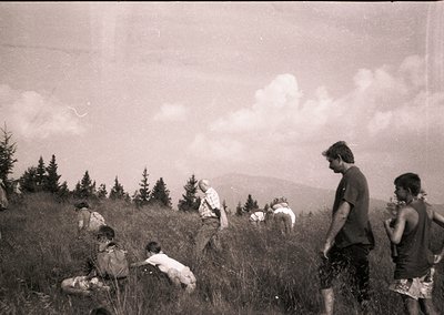 Vintage black-and-white group hike on grassy hillside with forested slopes and distant mountains. Casual summer attire sugges...