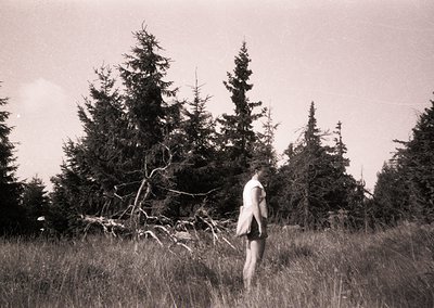 Black-and-white forest scene featuring a lone figure in mid-stride through tall grass, surrounded by dense coniferous trees. ...