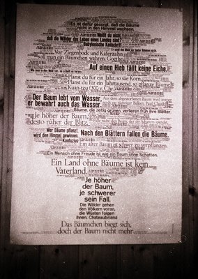 Vintage German text-based wall art featuring poetic quotes about trees and nature, likely from the 20th century. Handwritten ...