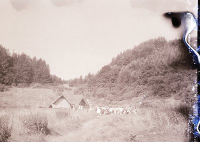 Vintage sepia-toned rural scene featuring a group of people walking along a grassy path toward small, rustic huts. Dense fore...