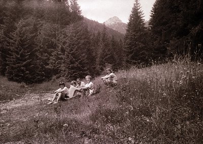 Four children pose casually on a sunlit alpine meadow, surrounded by dense pine forest and distant peaks. Mid-20th century (1...