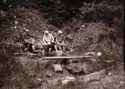 Three individuals seated on makeshift wooden bench in rugged alpine forest, mid-20th century. Lush greenery and rocky terrain...
