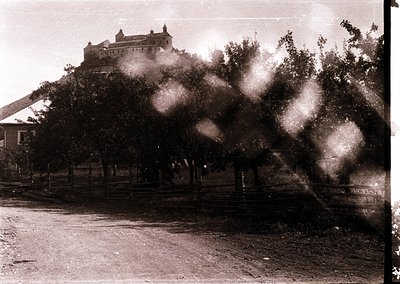Historic black-and-white photo of a fortified hilltop castle surrounded by dense foliage, likely from the 19th–early 20th cen...