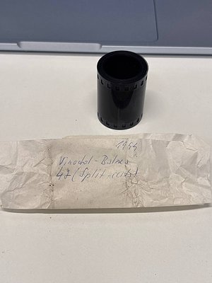 Vinotex 47 split roll film canister from 1964, likely Bulgarian --- **Notes:** - Focused on key identifiers: brand, date, and...
