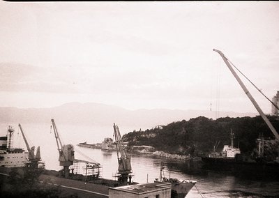 Black-and-white port scene featuring industrial cranes and docked vessels, likely mid-20th century. Coastal landscape with hi...