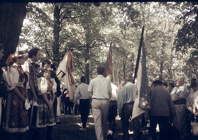 Group procession in forested area, likely Eastern European . Participants wear traditional folk attire and carry flags with s...