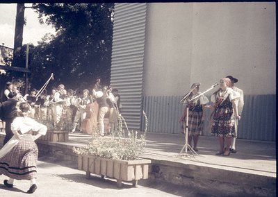 Outdoor cultural performance featuring traditional folk attire and instruments. Group of musicians in layered, embroidered ga...