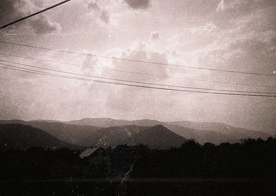 Black-and-white shot of a rural landscape framed by power lines. Dense forest and rolling hills dominate the midground, while...