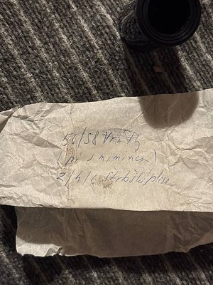 Handwritten note on aged paper: "56/58 Vrhly (po 3 minuty) 2/4/6 Stribophane." Wrinkled, likely from 1950s–1960s. Possible te...