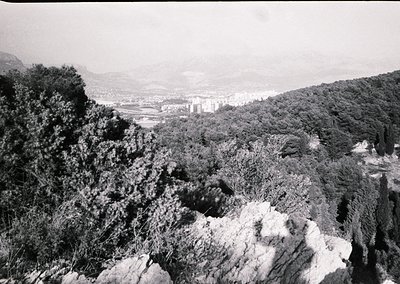 Black-and-white aerial view of rugged coastal terrain with dense forest and rocky outcrops. Distant urban sprawl and industri...