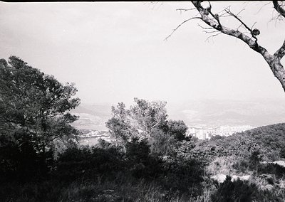 Vintage black-and-white landscape featuring sparse vegetation, rolling hills, and distant urban sprawl. Low-angle shot captur...