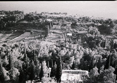 Aerial view of a rural settlement surrounded by dense forest, likely mid-20th century. Clustered houses, a central road, and ...