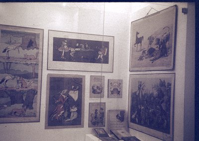 Vintage framed illustrations depicting rural and historical European scenes, likely 19th–early 20th century. Scenes include h...