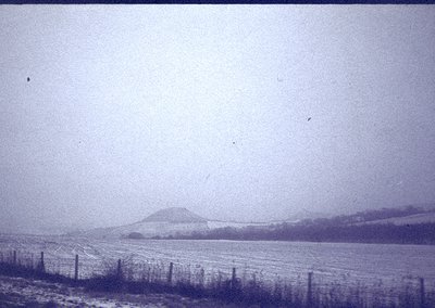 Vintage black-and-white landscape showing mist-covered rolling hills and open fields. Faint fence lines and sparse vegetation...
