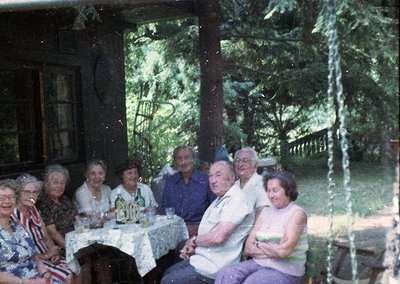 Vintage group portrait of 9 adults seated at an outdoor table under a wooden pavilion, likely mid-20th century. Lush greenery...