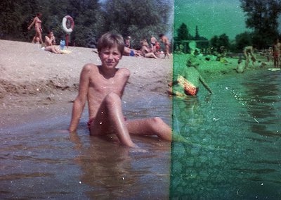 Vintage split-image of a beach scene, likely 1960s–1980s. Left: Boy squatting in shallow water, sandy shore with lifeguard to...
