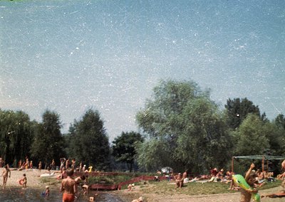 Vintage outdoor swimming scene with dense tree cover and clear skies. Mid-20th century attire—men in swim trunks, women in on...