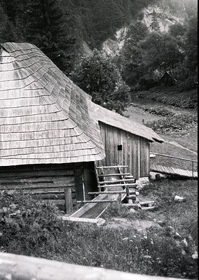 Traditional alpine wooden cabin with shingle roof and wooden plank walls, perched on a forested hillside. Exterior stone step...