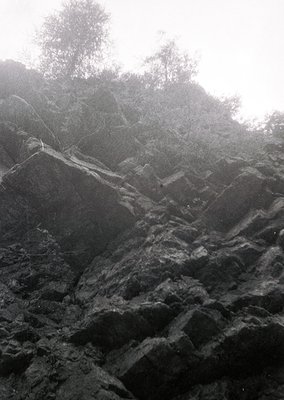 Misty volcanic terrain with jagged lava rock formations and sparse vegetation. High-contrast monochrome captures rugged textu...