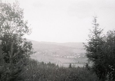 Black-and-white landscape view of a rural valley framed by dense foliage. Distant village nestled among rolling hills, likely...