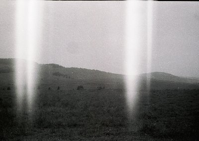 Sunlight streaming through vertical slats creates sharp beams illuminating a misty, rolling landscape. Likely a vintage 35mm ...
