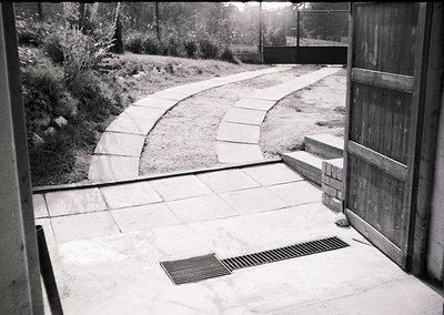 Mid-century modern courtyard with curved stone pathway and tiled floor, framed by concrete walls. Minimalist drainage grate i...