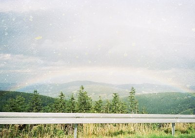 Vintage-style shot of misty mountain range framed by a rustic metal railing. Dense coniferous forest dominates the lower slop...