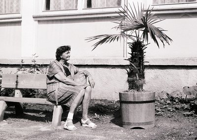 Woman in 1970s-style striped dress and sandals sits on a wooden bench beside a potted palm in a barrel. Mid-century courtyard...