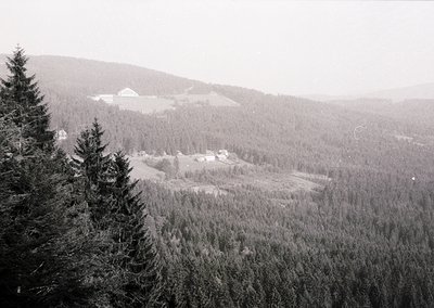 Black-and-white aerial view of a forested valley with a mid-20th century resort complex. Snow-capped pine trees frame a centr...