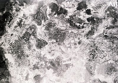 High-contrast aerial photo of bombed terrain, likely WWII-era. Dense craters and debris suggest heavy artillery or bombing da...