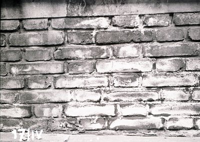 Close-up of weathered brick wall with visible mortar erosion, likely mid-20th century industrial or residential architecture....