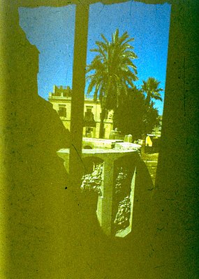 Vintage sepia-toned view through a window frame revealing a Mediterranean courtyard. Palm trees, classical stone columns, and...