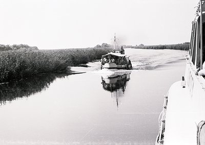 A vintage ferryboat traverses calm waters through a marshy landscape, reflected symmetrically below. Dense reeds line both si...