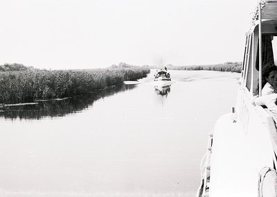 Black-and-white river scene featuring a small boat navigating dense, marshy vegetation. The boat’s wake disrupts calm waters,...