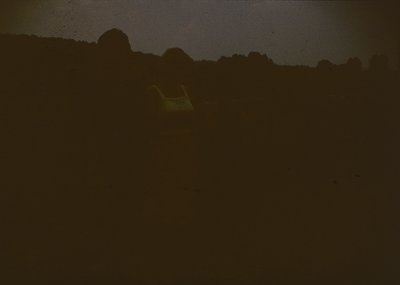 Low-contrast silhouette of silhouetted figures in a wooded area, backlit by sunlight. Likely a group of people walking or sta...