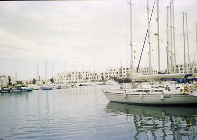 Marina scene with classic sailboats docked alongside Mediterranean-style waterfront buildings. Reflective water and masts dom...