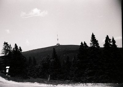 Black-and-white mountain landscape featuring a prominent radio tower atop a forested peak, surrounded by dense coniferous tre...