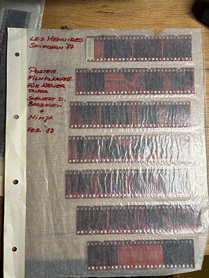 Vintage 35mm film leader strips from "Les Menuhides Ski Forum '87," featuring Fuji Pro 400 film. Handwritten notes identify p...