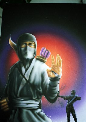 Vibrant mural-style illustration of a masked ninja figure in dynamic pose, holding a bow with arrow drawn back. Background fe...