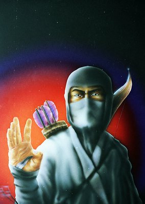 Vibrant digital illustration of a masked figure in dynamic pose, holding a bow with arrows. Hooded cloak and horned headpiece...