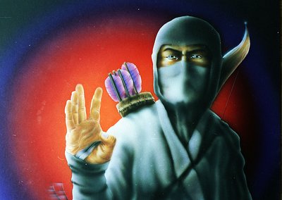 Vibrant digital illustration of a masked figure in dynamic pose, holding a bow with arrows. Hood features devilish horns and ...