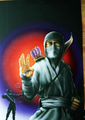 Vibrant mural-style illustration of a masked ninja figure in white robes, holding a bow with arrows, set against a gradient o...