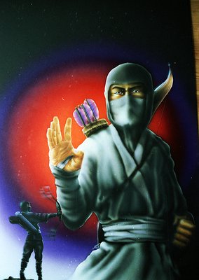 Vibrant 1970s anime-style illustration of a masked ninja in dynamic pose, holding a purple artifact. Neon hues dominate the b...