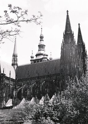Gothic cathedral façade with intricate spires and pointed arches, likely Cologne Cathedral (ölnerDom). Ornate brickwork and t...